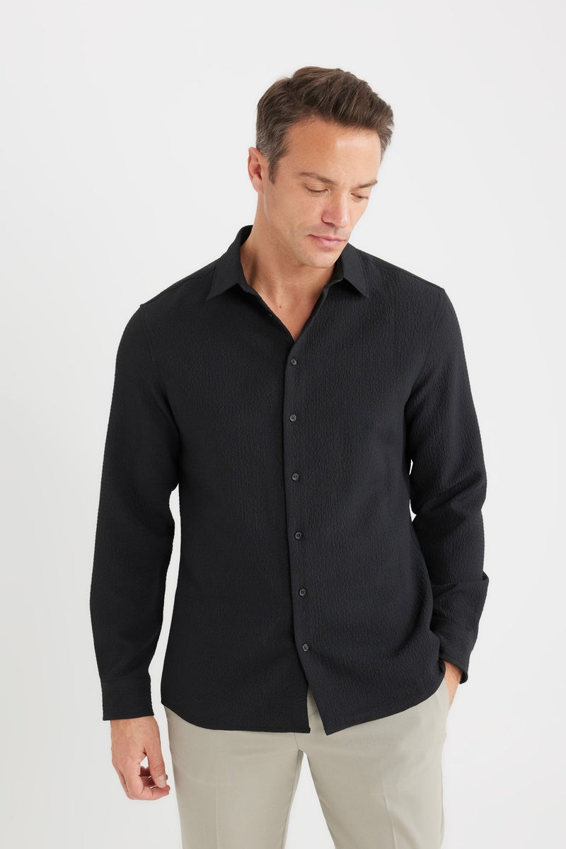 DeFacto Black Man Modern Fit Polo Collar Woven Long Sleeve Shirt Casual - Image 3